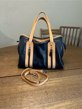 Floto Italian Leather Tote Handbag Navy Shoulder Bag Made in Italy Stripe Lining